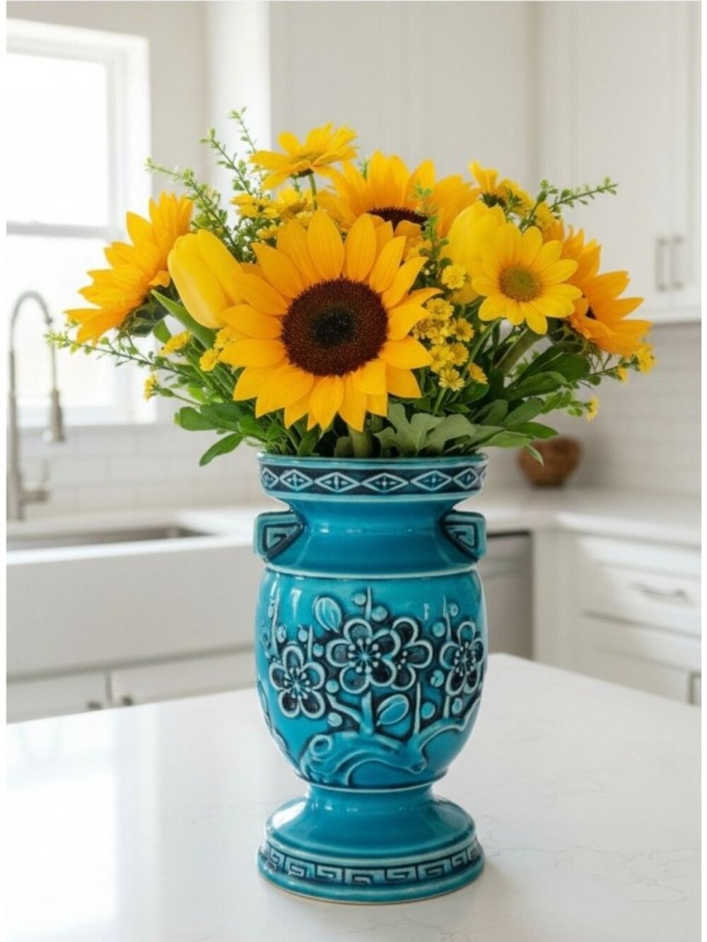 Vintage Japanese Reubens Ceramic Vase With Floral Motif Blue Glaze 7" Tall Mid-C
